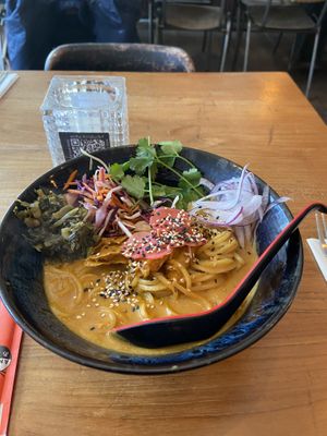 Khao soi noodles: spicy, but tasty. The ‘chicken' was a bit too chewy though.  at SOIL Vegan Cafe - West in Amsterdam