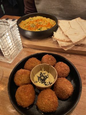 Mushroom bitterballen and smoked aubergine dip   at SOIL Vegan Cafe - West in Amsterdam