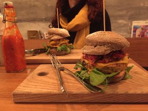 Kimchi Burger and Pulled barbecue burger at SOIL Vegan Cafe - West in Amsterdam
