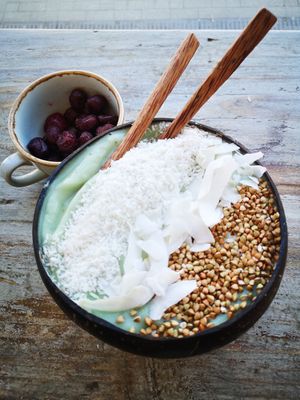 Blue Majik Smoothie Bowl (with cherries on the side instead of blueberries) at Wild Health in Leigh-on-sea