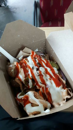 The bowl, really tasty soymeat and awesome potatoes with really good vegan aioli and hot sauce   at Jomm in Reykjavik