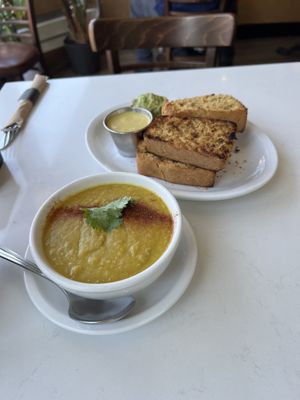 Lentil Dahl soup & cornbread   at Aux Vivres - Westmount in Montreal