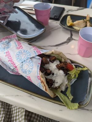 Souvlaki with vegan chicken and lamb at Mina Maria in Newtown