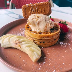 Biscoff blueberry waffles (Breakfast menu) at Mina Maria in Newtown