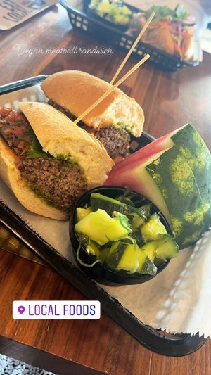 Vegan Meatball sandwich, cucumber salad, watermelon - delicious  at Local Foods - The Heights in Houston