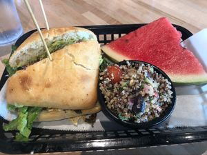 Garden Sammie, watermelon, and Greek salad😍 at Local Foods - The Heights in Houston
