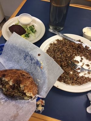 on right: rice and lentils. Pretty tasty, inexpensive at Layla's Falafel in Fairfield