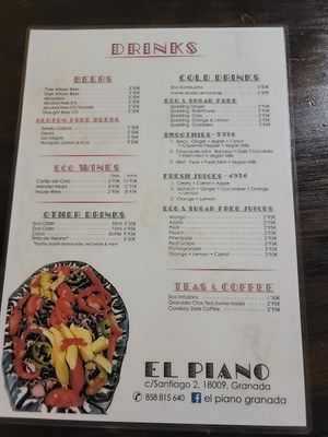Menu drinks at El Piano in Granada