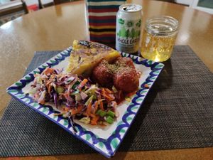 Vegan Spanish Omelette, Vegan meatballs, and salad at El Piano in Granada