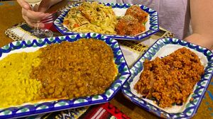 Dal, noodles, meatballs in tomato sauce and starter  at El Piano in Granada