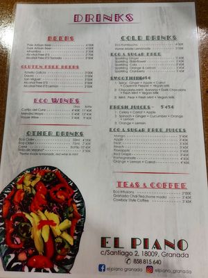 Menu page 2 -> every drink comes with a free tapas (that they choose) at El Piano in Granada
