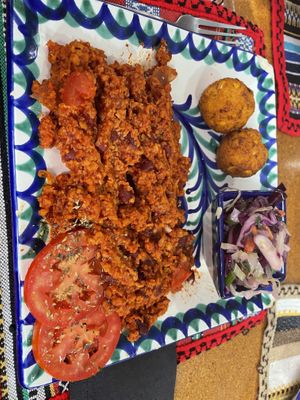 Chili sin carne combo with house salad and friend cornballs  at El Piano in Granada