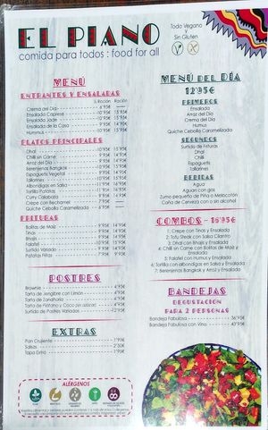 Food menu at El Piano in Granada