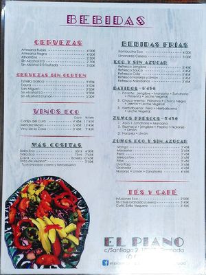 Drinks Menu at El Piano in Granada