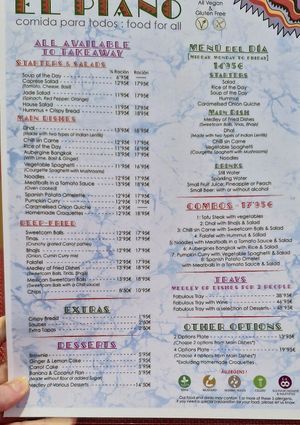 Food menu at El Piano in Granada