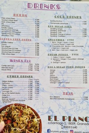 Drinks menu at El Piano in Granada