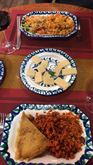 Quiche, chilli, spicy noodles and chickpea curry!  at El Piano in Granada