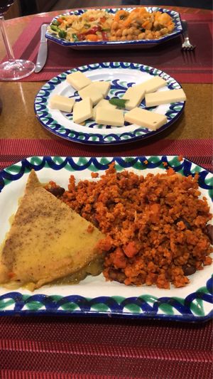 Quiche, chilli, spicy noodles and chickpea curry! at El Piano in Granada