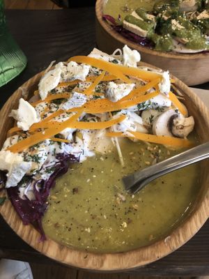 Zucchini soup with pears, mushrooms, chickpeas, tofu, cheese, etc  at smÄak Natural Food in Tours