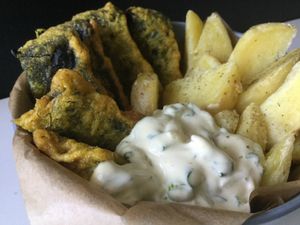 Vegan fish n chips with homemade tartar at Tesnota in St Petersburg