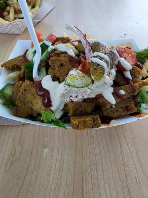 Vegan doner box,over fries instead of in a pira at DMen Tap in Chicago
