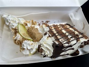 Jammed our key lime pie and cake in 1 box. For how expensive it was they could’ve separated them  at Gia Vegan Pastries in San Pedro