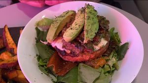 Burger, cashew cheese, local fakin’ bacon at Gia Vegan Pastries in San Pedro