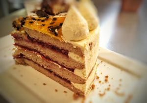 strawberry passionfruit cake at Gia Vegan Pastries in San Pedro