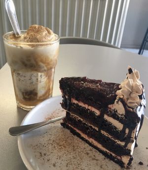 Vegan iced coffee with ice cream and Cake   at Gia Vegan Pastries in San Pedro
