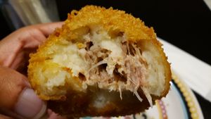 Interior of coxinha (R$8). Pretty good. Crispy and filled with creamy jackfruit. at Paprica Vegan in Curitiba