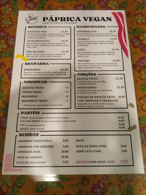 Menu at Paprica Vegan in Curitiba