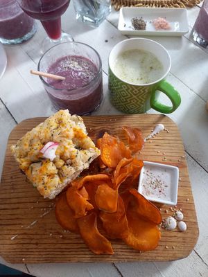 Breakfast Sandwich with sweetpotato chips ♡ at Chaya & Cacao in Isla Mujeres