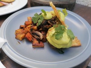 Vegan eggs Benedict at Chaya & Cacao in Isla Mujeres