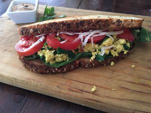 tofu scramble sandwich at Chaya & Cacao in Isla Mujeres