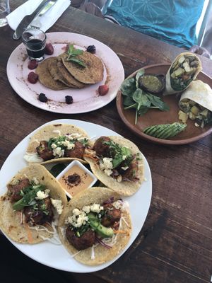 Hot cakes, breakfast burrito & cauliflower tacos  at Chaya & Cacao in Isla Mujeres