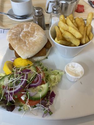 Fishless finger bap, comes with fries and salad  #Veganuary at Finleys Cafe in Wareham