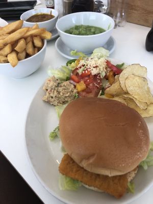 Fishless finger bap with salad and crisps at Finleys Cafe in Wareham