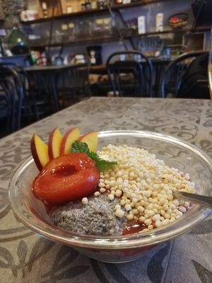 Chia pudding with yogurt and fruit at VG in Corsica