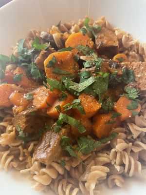 Seitan with pasta  at VG in Corsica