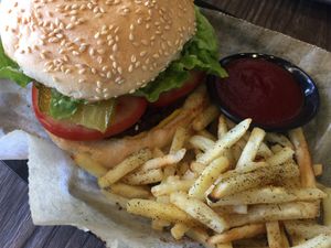 Big Aussie burger (fries were very soft) at Twenty50 Nice Cream + Espresso Bar in Mackay