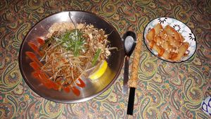 Phat thai: stir-fried rice noodles, sweet and sour sauce, and tofu. Also vegetable spring rolls. at Hi Thai in Daegu