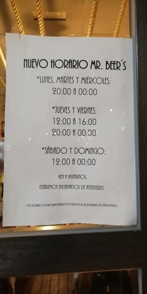 Opening Hours at Mr. Beer's in Roquetas De Mar