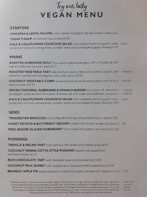 Vegan Menu at The Harrow Inn in Warlingham