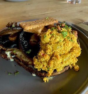 Various options on super sourdough bread.  Mushrooms, tempeh, home made beans etc. Epic   at Little Green in Newcastle Upon Tyne