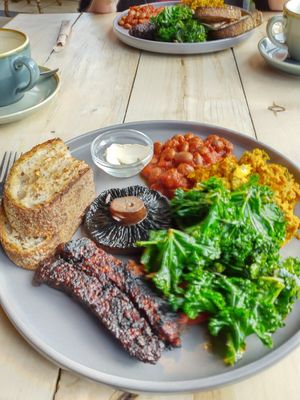 Full vegan breakfast, delicious tempeh sausage at Little Green in Newcastle Upon Tyne