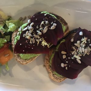 Pickled beetroot and pea purée open sandwich.   at Little Green in Newcastle Upon Tyne