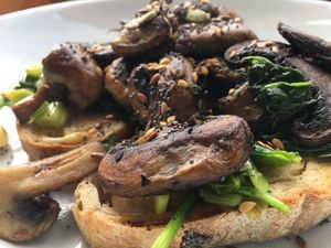 Mushrooms, spinach & spring onion on sour dough toast  at Little Green in Newcastle Upon Tyne