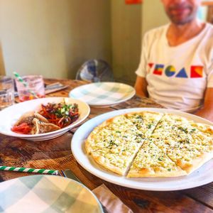Starters: cheese n garlic flatbread; jackfruit potstickers  at Little Green in Newcastle Upon Tyne