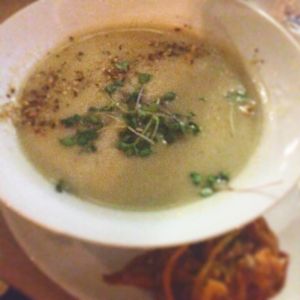 Caramelised parsnip and coconut soup with onion bhaji  at Little Green in Newcastle Upon Tyne
