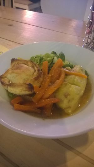 Caramelised leek, mushroom, wine and wild garlic pastry pie with cream mash, root veg and thyme gravy at Little Green in Newcastle Upon Tyne